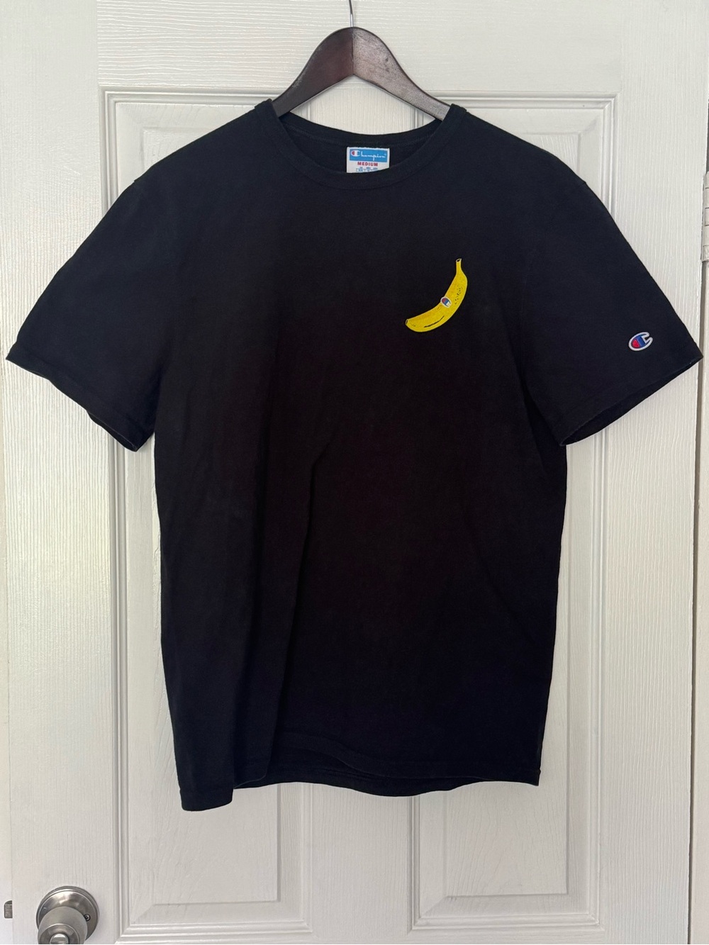 Champion Black Tee with Blue and Red Logo Tag